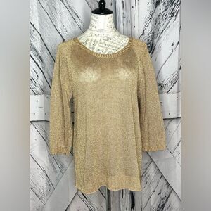 One 7 Six Gold Metallic Knit Crewneck Sweater 3/4 Sleeves Sz. M